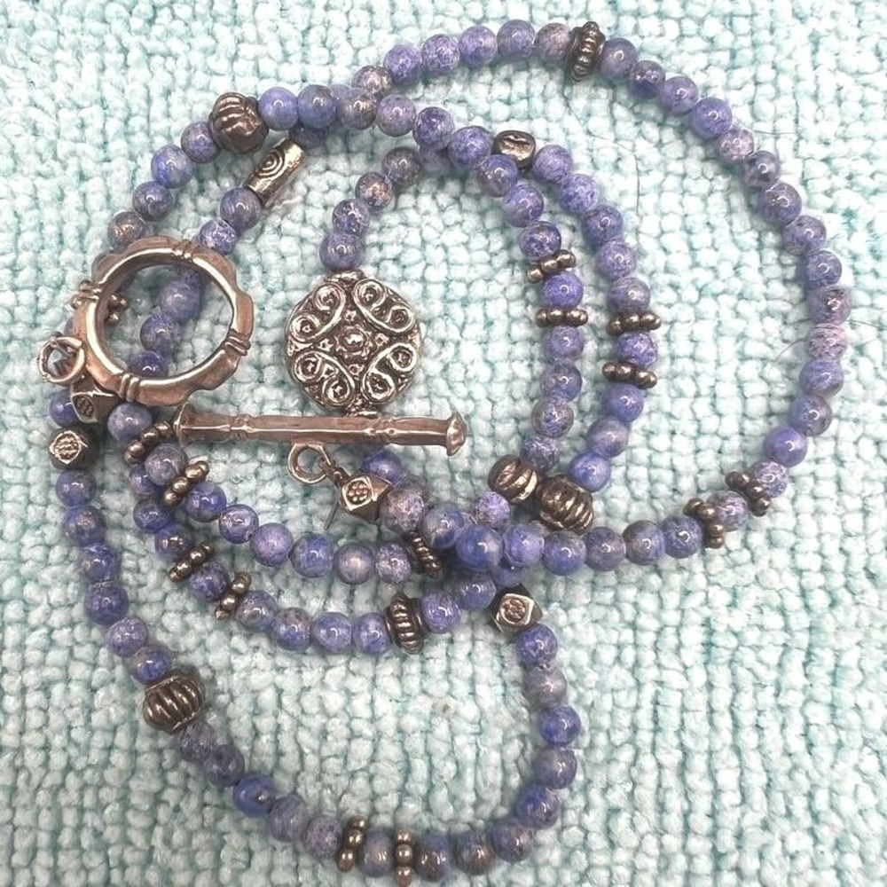 Blue Gemstone Beaded Necklace Silver Tone Spacers Toggle Clasp 18" 2mm Beads